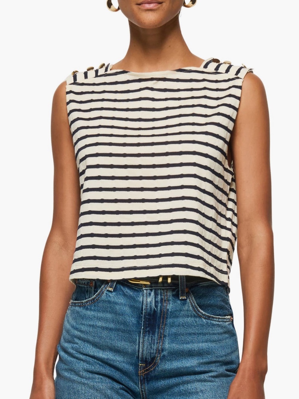Nation LA Nautica White & Navy Striped Button-Shoulder Tank. Small 100% cotton